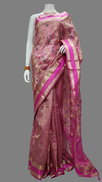 Pink Tissue Crushed Meena Embroidery Banarasi Saree With Unstitched Blouse