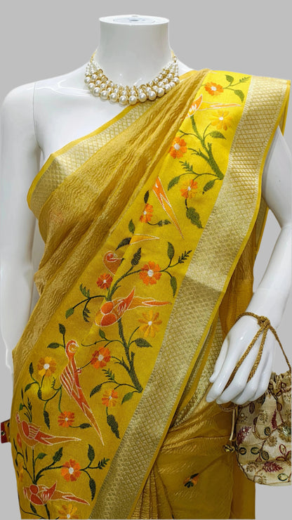 Tissue Crush Yellow Designer Saree With Unstitched Blouse