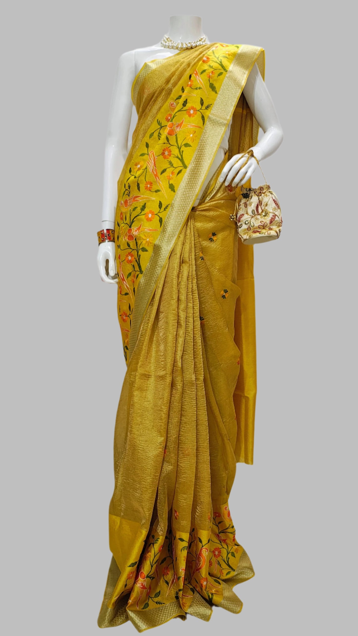Tissue Crush Yellow Designer Saree With Unstitched Blouse