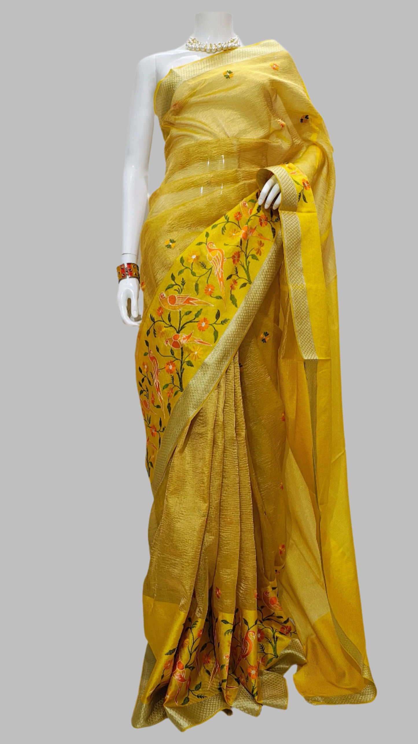 Tissue Crush Yellow Designer Saree With Unstitched Blouse