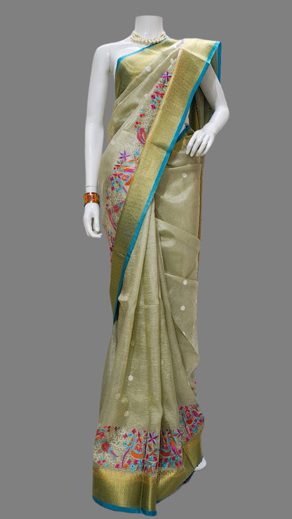 Banarasi Tissue Crushed Embroidery Saree With Unstitched Blouse