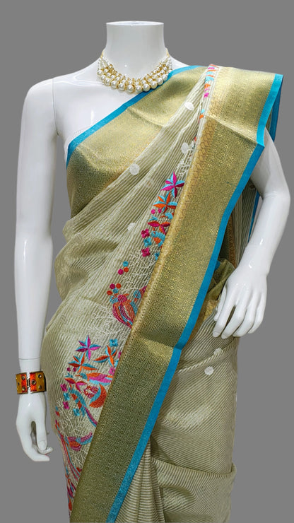 Banarasi Tissue Crushed Embroidery Saree With Unstitched Blouse