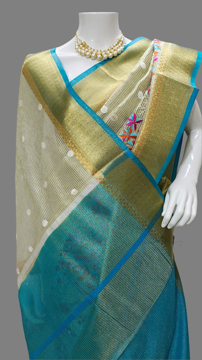 Banarasi Tissue Crushed Embroidery Saree With Unstitched Blouse