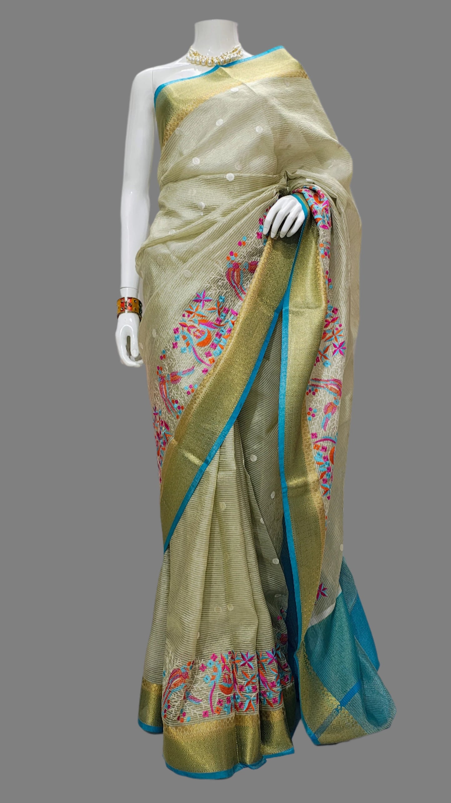 Banarasi Tissue Crushed Embroidery Saree With Unstitched Blouse