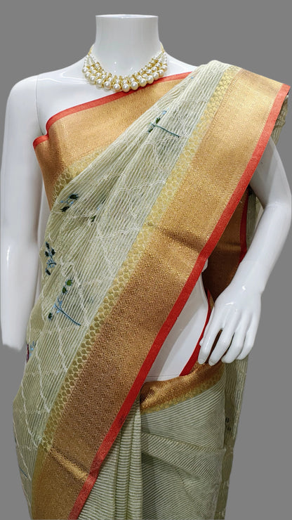 Tissue Crush Full Embroidery Light Green Banarasi Saree With Unstitched Blouse