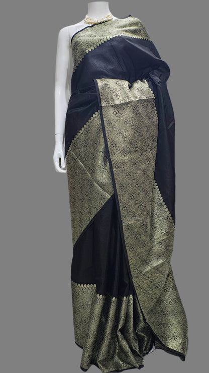 Black Worm Silk Banarasi Saree With Unstitched Blouse